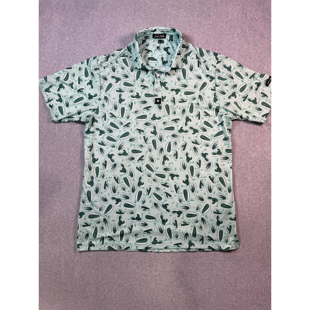 Bad Birdie Mens Large Cactus Print Golf Polo Shirt Mint Green Short Sleeve L